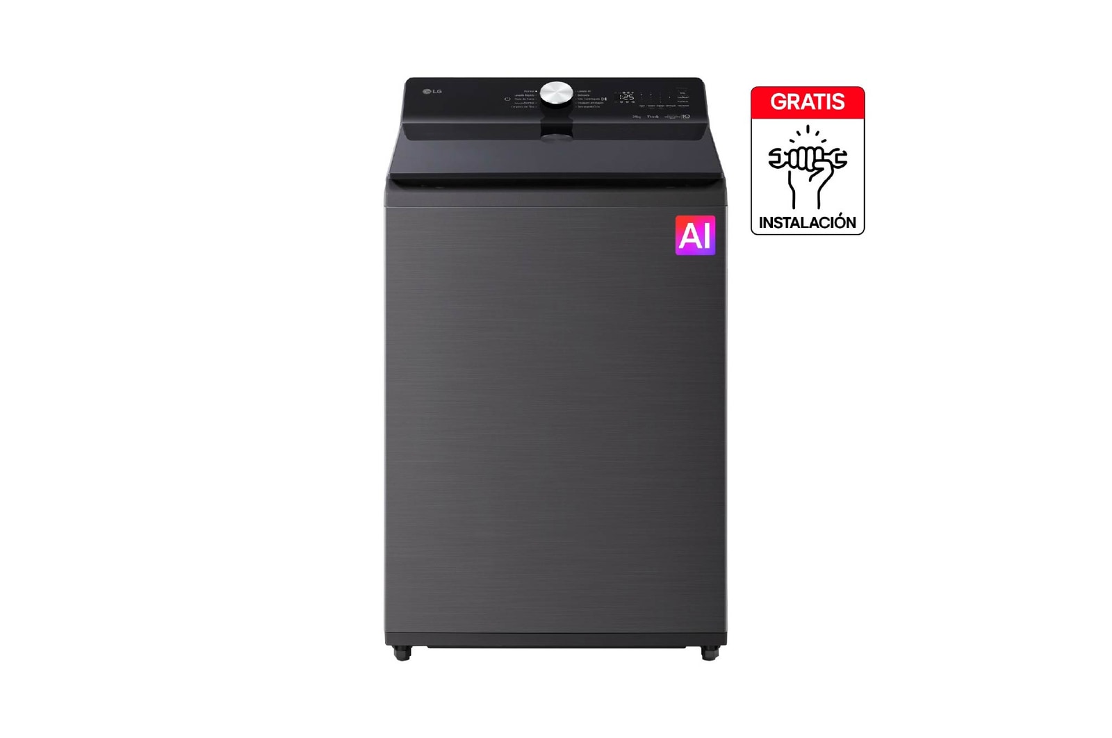 Vista frontal de LG Carga Superior 20Kg AIDD™ EasyUnload Negro Plantino WT20PBTX6T